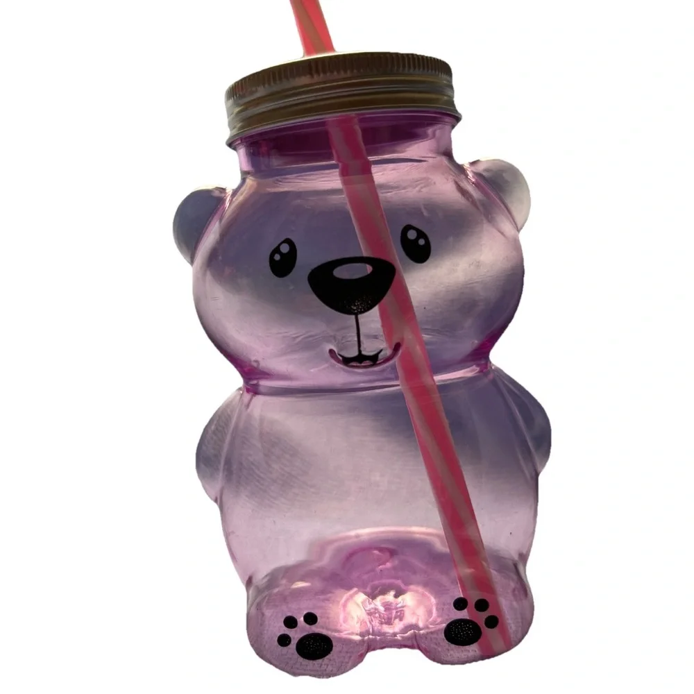 pack of 9 plastic pink clear bear-shaped cups w lids & straws party favor
